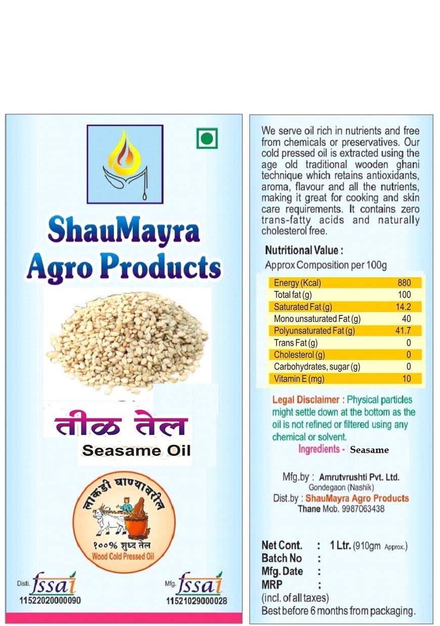 ShauMayra Wood Cold Pressed  1L Sesame Oil – 100% Pure & Natural